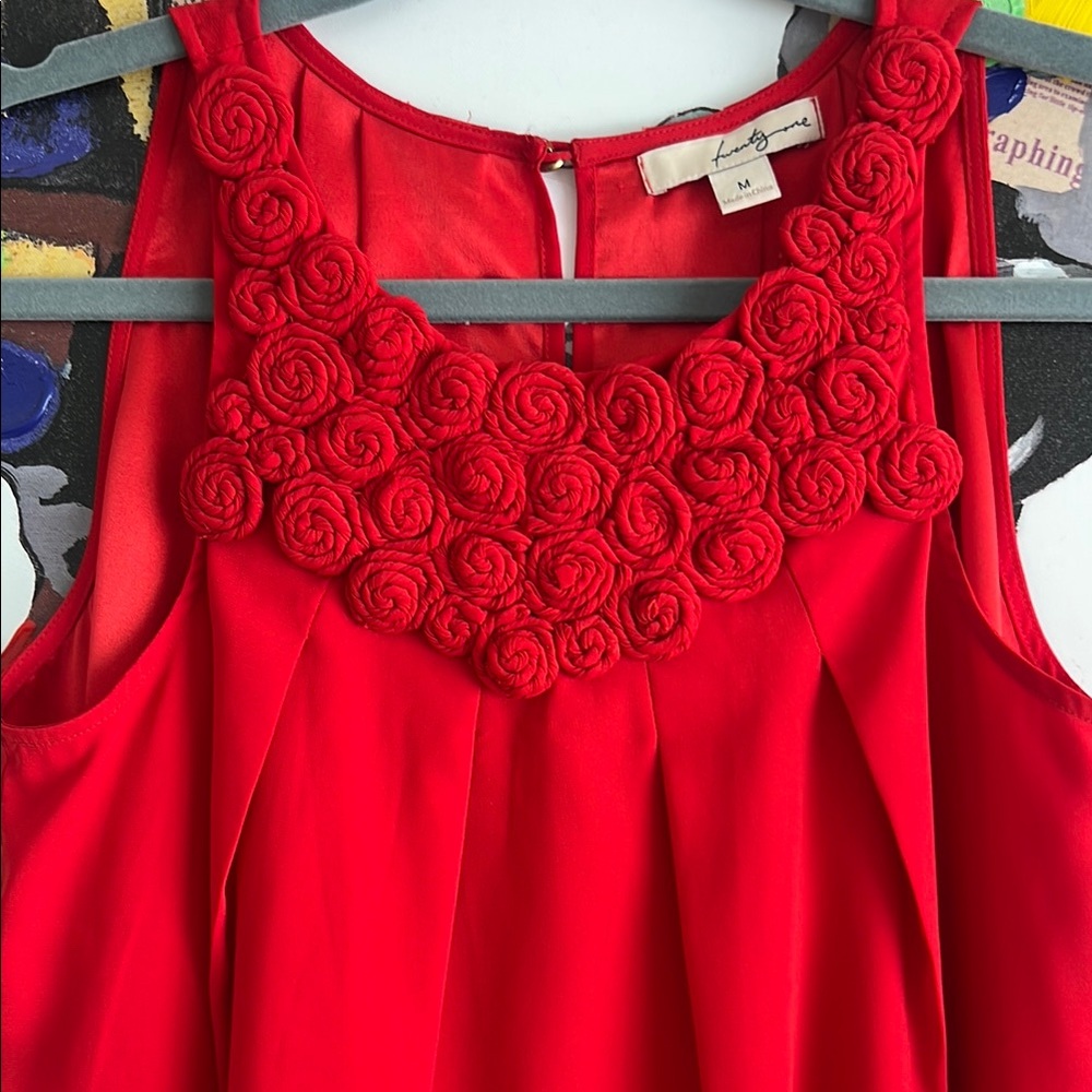 Anthropologie Vibrant Red Dress with Rosette Accents